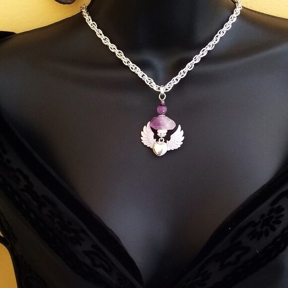 Winged Heart Amethyst Necklace ~ Hand Painted, One-of-a-Kind, Spiritual Gift - Picture 2 of 16